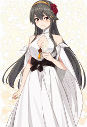 Rule 34 | 1girl, absurdres, black hair, blush, breasts, brown eyes, cleavage, closed mouth, cocktail glass, collarbone, commission, cup, dress, drinking glass, hair between eyes, hair ornament, hairband, hairclip, haruna (kancolle), highres, holding, holding cup, kanmiya shinobu, kantai collection, light smile, long hair, medium breasts, skeb commission, solo, white dress