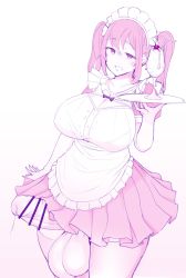 Rule 34 | 1girl, apron, bar censor, breasts, censored, cherry, cum, cum in container, cum in cup, cumdrip, erection, food, foreskin, fruit, futanari, futanari, glass, highres, huge breasts, huge penis, huge testicles, looking at viewer, maid, maid apron, maid headdress, nnilaee, open mouth, penis, retracted foreskin, simple background, solo, testicles, tray, twintails