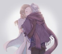 Rule 34 | 1boy, 1girl, blonde hair, bracelet, cape, closed eyes, dress, gloves, hair over one eye, hug, jewelry, long hair, octopath traveler, octopath traveler i, open mouth, ophilia (octopath traveler), scarf, short hair, simple background, smile, therion (octopath traveler), white hair, wspread