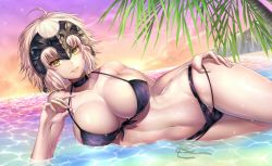 Rule 34 | 1girl, ahoge, bad id, bad twitter id, bare shoulders, beach, bikini, black bikini, black choker, blush, breasts, choker, cleavage, cloud, collarbone, commentary request, day, evening, fate/grand order, fate (series), fingernails, front-tie top, hand on own hip, headpiece, highres, jeanne d&#039;arc (fate), jeanne d&#039;arc alter (avenger) (fate), jeanne d&#039;arc alter (fate), large breasts, lips, long fingernails, looking at viewer, lying, multi-strapped bikini, nasaniliu, navel, ocean, on side, outdoors, palm tree, parted lips, shiny skin, short hair, side-tie bikini bottom, silver hair, sky, smile, solo, sparkle, stomach, swimsuit, teeth, tree, water, wet, yellow eyes