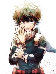 Rule 34 | 1boy, bad id, bad pixiv id, black eyes, bodysuit, boku no hero academia, commentary, gloves, green hair, jugemu (qqkyon), long sleeves, looking at viewer, male focus, mask, mask around neck, messy hair, midoriya izuku, mouth mask, simple background, solo, upper body, white background