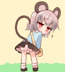Rule 34 | 1girl, :o, aged down, animal ears, bad id, bad pixiv id, bag, black footwear, black skirt, bloomers, blue shirt, blush, full body, grey hair, kindergarten bag, kindergarten uniform, leaning forward, long sleeves, looking at viewer, looking back, mashiro miru, mouse ears, mouse girl, mouse tail, nazrin, parted lips, red eyes, shirt, shoes, skirt, socks, solo, standing, striped tail, tail, touhou, underwear, white bloomers, white socks, yellow background