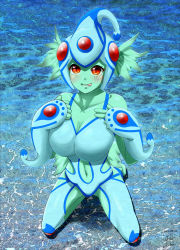 Rule 34 | 1girl, absurdres, digimon, frog, frog girl, helmet, highres, ranamon, red eyes, solo, tongue, tongue out