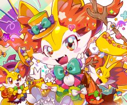 Rule 34 | 1boy, 1girl, :3, animal ear fluff, animal ears, animal hands, animal nose, arm up, artist name, black footwear, bloomers, blue flower, blue gemstone, blush, blush stickers, body fur, boots, bow, bowtie, braixen, brooch, clothed pokemon, colorful, creatures (company), cross-laced footwear, delphox, dress, evolutionary line, fangs, female focus, fennekin, flower, fox boy, fox ears, fox girl, frilled dress, frills, furry, furry female, furry male, game freak, gem, gen 6 pokemon, green bow, green bowtie, hair flower, hair ornament, hand up, happy, hat, hat bow, heart, highres, holding, holding stick, japanese clothes, jewelry, kiki (431642), kimono, long sleeves, looking at viewer, mini hat, mini top hat, multicolored clothes, multicolored dress, multicolored fur, nintendo, open mouth, orange bow, orange eyes, orange headwear, orange kimono, ornate ring, outline, outstretched arm, pinky out, pokemon, pokemon (creature), purple gemstone, purple headwear, red dress, red eyes, red fur, ribbon-trimmed sleeves, ribbon trim, ring, sleeveless, sleeveless kimono, smile, snout, solo focus, standing, star (symbol), stick, top hat, twitter username, two-tone fur, underwear, watermark, waving, white bow, white fur, white outline, wide sleeves, witch hat, yellow fur, yellow sleeves