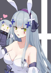 Rule 34 | 1girl, absurdres, animal ears, bare shoulders, breasts, character doll, cleavage, commentary request, detached sleeves, dress, facial hair, fake animal ears, girls&#039; frontline, green eyes, hair ornament, hairband, hand puppet, heart, highres, hk416 (girls&#039; frontline), hk416 (herbal-flavored hard candy) (girls&#039; frontline), large breasts, long hair, official alternate costume, open mouth, puppet, rabbit ears, silver hair, solo, strapless, strapless dress, umi okami kun, upper body, white dress