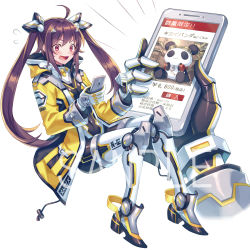 Rule 34 | ahoge, blush, brown hair, cellphone, clenched hand, hair ornament, hairclip, holding, holding phone, invisible chair, jacket, long hair, mecha musume, mechanical legs, open mouth, original, panda, phone, red eyes, sample watermark, sidelocks, sitting, smartphone, solo, suzaku (zaku6584), twintails, watermark, white background, yellow jacket