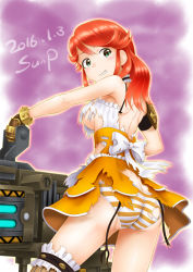 Rule 34 | 1girl, ass, bare shoulders, birthday, blush, breasts, butt crack, from behind, garter straps, gloves, green eyes, grin, gun, huge weapon, long hair, looking at viewer, natsume itsumi, panties, red hair, school girl strikers, shiny skin, sideboob, skirt, smile, solo, striped clothes, striped panties, sunsun69, thighhighs, torn clothes, underboob, underwear, weapon