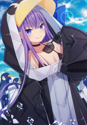 Rule 34 | 1girl, :q, absurdres, animal, animal costume, animal hood, bikini, bird, black bikini, black choker, blue eyes, blue sky, breasts, choker, closed mouth, cloud, collarbone, commentary request, day, unworn eyewear, fate/grand order, fate (series), highres, holding, holding removed eyewear, hood, lens flare, long hair, long sleeves, looking at viewer, meltryllis, meltryllis (fate), meltryllis (swimsuit lancer) (fate), meltryllis (swimsuit lancer) (first ascension) (fate), penguin, penguin costume, purple hair, sapphire (sapphire25252), sky, sleeves past fingers, sleeves past wrists, small breasts, smile, solo, sunglasses, swimsuit, tongue, tongue out, upper body, v-shaped eyebrows
