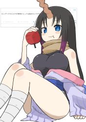 Rule 34 | 1girl, apple, black hair, blue eyes, blush stickers, breasts, closed mouth, eating, elma (maidragon), food, fruit, gradient hair, highres, holding, holding food, horns, kobayashi-san chi no maidragon, large breasts, looking at viewer, multicolored hair, purple hair, single horn, solo, twitter logo, yoyohachi