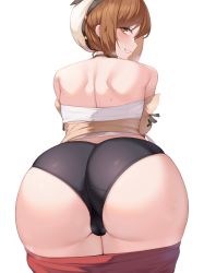 Rule 34 | 1girl, ass, ass focus, atelier (series), atelier ryza, back, bare shoulders, beret, black panties, black ribbon, blush, breasts, brown eyes, brown hair, cameltoe, commentary request, dutch angle, grin, hat, highres, kuavera, large breasts, lips, looking at viewer, looking back, panties, parted lips, reisalin stout, ribbon, shiny clothes, short hair, simple background, smile, solo, sweat, sweatdrop, thighs, underwear, white background, white hat