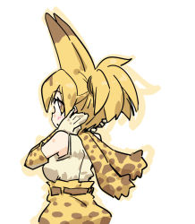 Rule 34 | 10s, 1girl, alternate hairstyle, animal ears, cross-laced clothes, elbow gloves, gloves, high-waist skirt, kemono friends, seki (red shine), serval (kemono friends), serval print, serval tail, shirt, skirt, sleeveless, sleeveless shirt, solo, tail