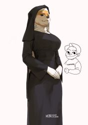 Rule 34 | 1boy, 1girl, artist self-insert, blush, borrowed character, breasts, doge, from below, furry, furry female, highres, koro dou, large breasts, long sleeves, meme, nun, original, own hands together, shiba inu, short hair, simple background, smile, solo, traditional nun