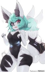 Rule 34 | 1girl, absurdres, animal ears, animal nose, artist name, asekeu, ass, backless outfit, black leotard, black nails, breasts, colored skin, curly hair, embarrassed, fang, furry, furry female, green hair, grey skin, highres, large ears, league of legends, leg grab, leotard, living clothes, living shadow, looking at viewer, looking down, looking to the side, medium hair, multiple views, nail polish, open mouth, patreon username, pink eyes, playboy bunny, rabbit tail, shortstack, signature, simple background, small breasts, standing, tail, teeth, thick thighs, thighs, vex (league of legends), white background, wide hips, yordle