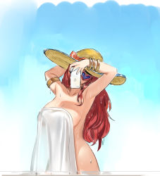 Rule 34 | 1girl, armpits, arms behind back, blue-tinted eyewear, blue sky, bracelet, breasts, cellphone, cleavage, collarbone, covering privates, gradient background, hat, hat ribbon, heart, heart-shaped eyewear, holding, holding towel, jewelry, large breasts, league of legends, long hair, looking at phone, miss fortune (league of legends), nude cover, pd (pdpdlv1), phone, pool party miss fortune, red hair, ribbon, selfie, sky, smartphone, solo, sun hat, sunglasses, thighs, tinted eyewear, towel, wet, yellow eyes