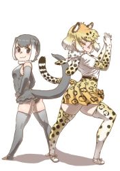 Rule 34 | 2girls, :3, animal ears, ass, bare shoulders, belt, black hair, blonde hair, cat girl, clapping, closed mouth, colored inner hair, dancing, elbow gloves, extra ears, fingerless gloves, flamenco, full body, fur collar, fur scarf, gloves, grey hair, grey one-piece swimsuit, hands on own hips, hands up, jaguar (kemono friends), jaguar ears, jaguar girl, jaguar print, jaguar tail, kemono friends, kishida shiki, looking at viewer, looking back, medium hair, microskirt, multicolored hair, multiple girls, one-piece swimsuit, otter ears, otter tail, own hands together, print legwear, print neckwear, print skirt, print thighhighs, scarf, shirt, short hair, short sleeves, sidelocks, skirt, small-clawed otter (kemono friends), smile, standing, swimsuit, tail, thighhighs, toeless legwear, twisted torso, two-tone hair, white hair, white shirt, zettai ryouiki