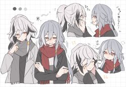 2girls black_hair blush closed_eyes color_swatch fu_hua fu_hua_(crane_of_taixuan) fu_hua_(fenghuang_of_vicissitude) fu_hua_(garuda) fu_hua_(herrscher_of_sentience) grey_hair grey_jacket grey_scarf grid_background half_up_braid hands_on_another&#039;s_face highres honkai_(series) honkai_impact_3rd jacket long_hair multicolored_hair multiple_girls nonaa4141 open_mouth ponytail red_eyes red_scarf scarf smile streaked_hair translation_request two-tone_hair very_long_hair warming_hands white_hair