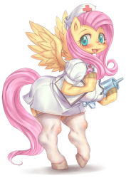 Rule 34 | blush, breasts, fluttershy, green eyes, hoihoi, large breasts, my little pony, my little pony: friendship is magic, nurse, open mouth, pink hair, thighhighs, white background, wings
