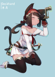 Rule 34 | 1girl, ;&lt;, animal ears, arm up, bandana, bare shoulders, belt, belt buckle, black gloves, black thighhighs, blue background, blunt bangs, blush, brown belt, brown hair, buckle, cat ears, cat girl, cat tail, collarbone, commentary request, gloves, green eyes, highres, holding, long hair, long sleeves, looking away, natori youkai, off shoulder, original, pleated skirt, ponytail, saber (weapon), shirt, shoes, simple background, skirt, solo, sword, tail, tail raised, thighhighs, weapon, white footwear, white shirt, white skirt