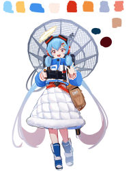Rule 34 | 1girl, blue footwear, blue hair, boots, color guide, concept art, cropped jacket, dress, full body, goggles, goggles on head, gradient hair, halo, highres, long hair, long sleeves, looking at viewer, low twintails, multicolored hair, open mouth, original, pink hair, red eyes, satellite dish, simple background, smile, solo, twintails, very long hair, waving, white background, white dress, xintianou