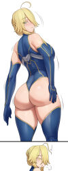 1girl absurdres ahoge artoria_pendragon_(fate) artoria_pendragon_(lancer)_(fate) ass ass_focus back bare_shoulders blonde_hair blue_gloves blue_leotard blue_thighhighs blush braid braided_bun breasts closed_eyes elbow_gloves fate/grand_order fate_(series) gloves green_eyes hair_bun hair_over_one_eye highleg highleg_leotard highres huge_ass large_breasts leotard long_hair looking_at_viewer looking_back lvl_(sentrythe2310) mature_female sidelocks sigh thick_thighs thighhighs thighs