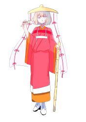 Rule 34 | 1girl, absurdres, blonde hair, brown dust 2, colored eyelashes, cross-laced footwear, dango, eating, flat chest, food, full body, hair between eyes, hat, highres, holding, holding bamboo shoot, holding food, japanese clothes, justia (brown dust), kimono, lchukimi3, pink kimono, short hair, simple background, solo, straw hat, wagashi, white background, white footwear, wide sleeves