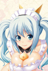 Rule 34 | 1girl, apron, ball, between breasts, blue eyes, blue hair, blush, breasts, censored, detached collar, dragon ball, dragon ball (object), fujirin, hair ornament, highres, large breasts, maid headdress, matching hair/eyes, original, short hair, smile, solo, twintails