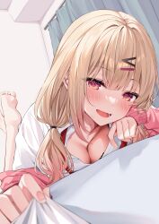 Rule 34 | 1girl, absurdres, barefoot, blonde hair, blush, breasts, cleavage, collared shirt, feet, feet up, hair ornament, hairclip, highres, hizuki higure, large breasts, long hair, long sleeves, looking at viewer, lying, on stomach, open mouth, original, parted lips, pink sweater, red eyes, shirt, smile, soles, solo, sweater, the pose, toes, white shirt