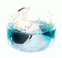 Rule 34 | 1girl, artist name, barefoot, black skirt, blouse, hat, hugging own legs, looking to the side, original, partially submerged, shirt, short sleeves, signature, simple background, skirt, solo, sun hat, tofuvi, water drop, white background, white hair, white hat, white shirt