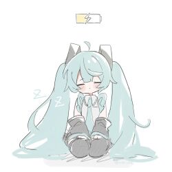 1girl ahoge battery_indicator blush_stickers closed_eyes detached_sleeves hair_ornament hatsune_miku highres long_hair long_sleeves necktie recharging sailor_collar seiza short_sleeves sitting sleeping solo twintails very_long_hair vocaloid yuta_2341 zzz