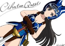 Rule 34 | 1girl, armor, armored leotard, artist name, asymmetrical bangs, belt, black belt, black eyes, blue footwear, blue headwear, boobplate, boots, breastplate, breasts, bukkuri, cleavage, closed mouth, commentary, copyright name, cosplay, cursive, daisy (dq), daisy (dq) (cosplay), dated, dragon quest, dragon quest yuusha abel densetsu, dutch angle, english text, frown, girls und panzer, helmet, holding, holding sword, holding weapon, long hair, medium breasts, nishi kinuyo, parody, scabbard, sheath, signature, simple background, sleeveless, solo, sword, thigh boots, thighhighs, title parody, weapon, white background, wind