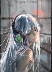Rule 34 | 1girl, closed eyes, commentary, english commentary, grey hair, head tilt, headphones, highres, long hair, multicolored hair, original, profile, smile, solo, two-tone hair, upper body, watermark, web address, white hair, window, yuumei