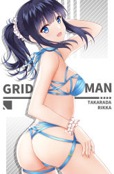 Rule 34 | 10s, 1girl, :d, alternate costume, arm up, ass, bandages, bare arms, bare shoulders, bikini, black hair, blue eyes, blunt bangs, blush, breasts, character name, frills, from side, gridman universe, hair ornament, hair scrunchie, half-closed eyes, happy, highres, long hair, looking at viewer, medium breasts, naked bandage, open mouth, ponytail, rko (a470350510), scrunchie, sideboob, smile, solo, ssss.gridman, swimsuit, takarada rikka