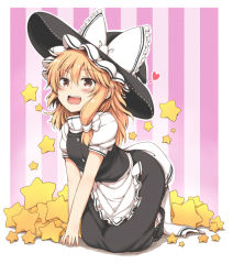 Rule 34 | &gt;:d, 1girl, :d, all fours, apron, black dress, blonde hair, blush, bow, braid, brown eyes, dress, hat, hat bow, heart, kirisame marisa, kneeling, lock heart (juuryokudou), open mouth, puffy short sleeves, puffy sleeves, shirt, short sleeves, single braid, smile, solo, star (symbol), striped, striped background, touhou, v-shaped eyebrows, waist apron, witch hat