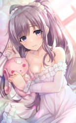 Rule 34 | 1girl, bandaged arm, bandages, bandaid, bandaid on hand, bare shoulders, bed sheet, blush, breasts, button eyes, buttons, cleavage, collarbone, commentary request, crossed bandaids, dress, frilled dress, frills, grey hair, grin, hair ribbon, halter dress, halterneck, highres, idolmaster, idolmaster shiny colors, indoors, long hair, looking at viewer, lying, medium breasts, off-shoulder dress, off shoulder, on bed, on side, parted lips, purple eyes, ribbon, smile, solo, stuffed animal, stuffed rabbit, stuffed toy, twintails, upper body, urabi (tomatohouse), very long hair, white dress, white ribbon, window, yukoku kiriko