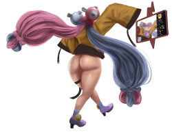 Rule 34 | 1girl, ass, blue hair, character hair ornament, chat log, creatures (company), from behind, game freak, gen 4 pokemon, hair ornament, highres, huge ass, iono (pokemon), jacket, livestream, long hair, long sleeves, multicolored hair, nintendo, no panties, oversized clothes, pink hair, pokemon, pokemon sv, rotom, rotom phone, scardrawsexy, simple background, sleeves past fingers, sleeves past wrists, thick thighs, thigh strap, thighs, twintails, very long hair, white background, wide hips, wide sleeves, yellow jacket