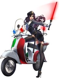 Rule 34 | 1girl, alpha transparency, aviator sunglasses, baton, belt, black thighhighs, chaos online, cuffs, edelyn, full body, gloves, handcuffs, hat, high heels, highres, holding, italian flag, long hair, love cacao, motor vehicle, necktie, official art, open mouth, police, police hat, police uniform, purple hair, red eyes, scooter, solo, stiletto heels, sunglasses, thighhighs, translated, transparent background, uniform, white gloves, zettai ryouiki