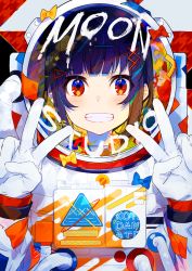 Rule 34 | 1girl, :d, astronaut, blue eyes, blush, character request, double v, gloves, hands up, helmet, highres, looking at viewer, mika pikazo, multicolored eyes, open mouth, red eyes, smile, solo, space helmet, the moon studio, upper body, v, white gloves