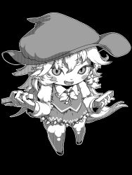 Rule 34 | 1girl, blush, bow, bowtie, braid, commentary request, cookie (touhou), fang, full body, greyscale, hair between eyes, hair bow, hat, highres, holding, hyoushigi, kirisame marisa, long hair, looking at viewer, medium bangs, monochrome, open mouth, ruka (cookie), side braid, simple background, single braid, skirt, smile, solo, standing, tonchamon san, touhou, vest, witch hat