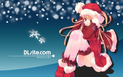 Rule 34 | 1girl, blue background, christmas, dille blood, dlsite.com, hat, highres, refeia, santa costume, santa hat, shoes, snow, snowflakes, thighhighs, wallpaper, white thighhighs