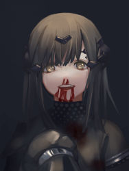 Rule 34 | 1girl, black background, black dress, black hair, bleeding, blood, blood from mouth, crying, crying with eyes open, dark background, dress, girls&#039; frontline, gunshot wound, headgear, highres, injury, looking at viewer, low ponytail, mercurows (girls&#039; frontline), nosebleed, nyto (girls&#039; frontline), open mouth, paradeus, reaching, reaching towards viewer, simple background, sleeves past wrists, smile, solo, spoilers, tears, teeth, upper body, upper teeth only, xyufsky