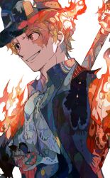 Rule 34 | 1boy, absurdres, blonde hair, burn scar, commentary, fire, highres, industrial pipe, male focus, one piece, sabo (one piece), scar, scar on face, short hair, smile, solo, white background, yadu nadu