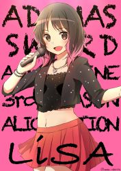 Rule 34 | 1girl, :d, blush, brown eyes, brown hair, character name, collarbone, cowboy shot, crop top, enokimo me, heart, heart necklace, highres, holding, holding microphone, jewelry, lisa (singer), long hair, microphone, midriff, miniskirt, multicolored hair, music, navel, necklace, open mouth, pink background, pink hair, pleated skirt, real life, red skirt, singing, skirt, smile, solo, standing, stomach, sword art online, two-tone hair