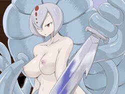 Rule 34 | 1girl, blue skin, breasts, colored skin, hair over one eye, jellyfish girl, medium breasts, mon-musu quest!, mon-musu quest: paradox, monster girl, nipples, nude, red eyes, short hair, solo, sword, tentacles, weapon