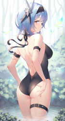 Rule 34 | 1girl, airool, arm strap, ass, back, backless swimsuit, bare arms, bare shoulders, black one-piece swimsuit, blue hair, breasts, closed mouth, eula (genshin impact), from behind, genshin impact, hair ornament, hairband, highres, looking at viewer, looking back, medium breasts, medium hair, nature, one-piece swimsuit, outdoors, shoulder blades, solo, standing, swimsuit, thigh strap, wading, water