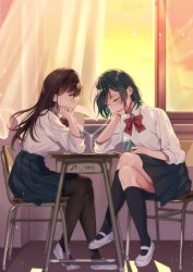 Rule 34 | 2girls, :d, absurdres, black hair, black skirt, black socks, blush, brown eyes, brown hair, brown legwear, cellphone, chair, closed eyes, closed mouth, collared shirt, commentary request, crossed legs, curtains, desk, diagonal stripes, dress shirt, earphones, highres, hizuki higure, holding, holding phone, indoors, kneehighs, long hair, looking at another, multiple girls, on chair, open mouth, original, pantyhose, phone, pleated skirt, profile, school chair, school desk, school uniform, shared earphones, shirt, shoes, sitting, skirt, smile, socks, striped, sunset, uwabaki, very long hair, white footwear, white shirt, window