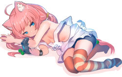 Rule 34 | 1girl, ahoge, animal ear fluff, animal ears, asymmetrical legwear, bare arms, bare shoulders, bike shorts, black shorts, blue eyes, blush, breasts, cat ears, closed mouth, commentary request, controller, game controller, hair bobbles, hair ornament, hinata channel, holding, long hair, low twintails, lying, mismatched legwear, nekomiya hinata, no bra, off shoulder, on side, orange thighhighs, pink hair, rk (rktorinegi), shirt, short shorts, shorts, sidelocks, small breasts, smile, solo, striped clothes, striped thighhighs, tank top, thighhighs, twintails, very long hair, virtual youtuber, white shirt