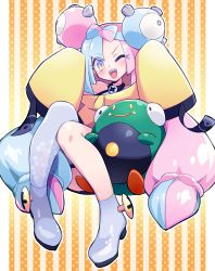 Rule 34 | 1girl, bellibolt, bow-shaped hair, character hair ornament, creatures (company), game freak, grey pantyhose, hair ornament, hexagon print, highres, iono (pokemon), jacket, long hair, low-tied long hair, multicolored hair, nintendo, oversized clothes, pantyhose, pokemon, pokemon sv, sharp teeth, single leg pantyhose, sleeves past fingers, sleeves past wrists, split-color hair, teeth, usoco, very long sleeves, x, yellow jacket