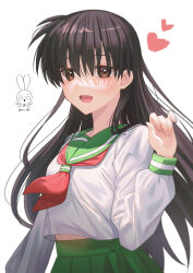 Rule 34 | 1girl, :d, absurdres, aro 1801, black hair, breasts, brown eyes, cowboy shot, green sailor collar, green skirt, hand up, heart, highres, higurashi kagome, inuyasha, long hair, long sleeves, neckerchief, open mouth, pleated skirt, red neckerchief, sailor collar, shirt, simple background, skirt, small breasts, smile, solo, white background, white shirt