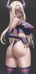 Rule 34 | 1girl, ;), absurdres, ass, bare shoulders, black background, blonde hair, blush, boku no hero academia, breasts, closed mouth, covered erect nipples, crop top, elbow gloves, fingerless gloves, from behind, gloves, hand on own hip, highres, horns, impossible clothes, jasony, large breasts, long hair, looking at viewer, looking back, mask, mount lady, nail polish, one eye closed, parted bangs, purple eyes, purple gloves, purple nails, purple thighhighs, revision, simple background, sleeveless, smile, solo, thighhighs, thighs, thong
