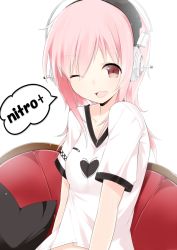 Rule 34 | 1girl, bad id, bad pixiv id, copyright name, couch, english text, fang, headphones, long hair, looking at viewer, nitroplus, one eye closed, open mouth, pink eyes, pink hair, soburi, solo, speech bubble, super sonico, white background, wink